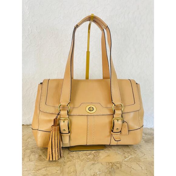 Handbags - Coach Hampton Flap stitched tan Bag 11546 Satchel/Carryall